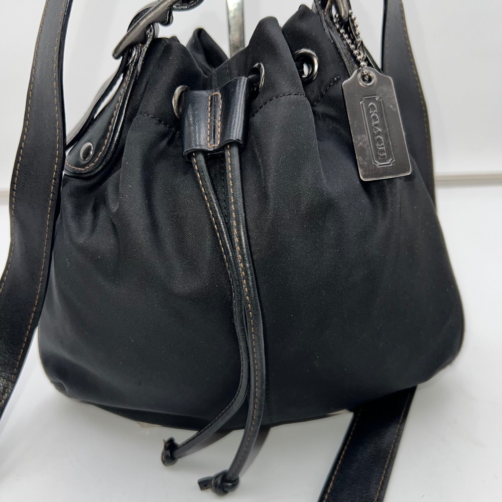 Coach Black Nylon Leather Trim Drawstring Bucket Shoulder Bag Purse Hobo